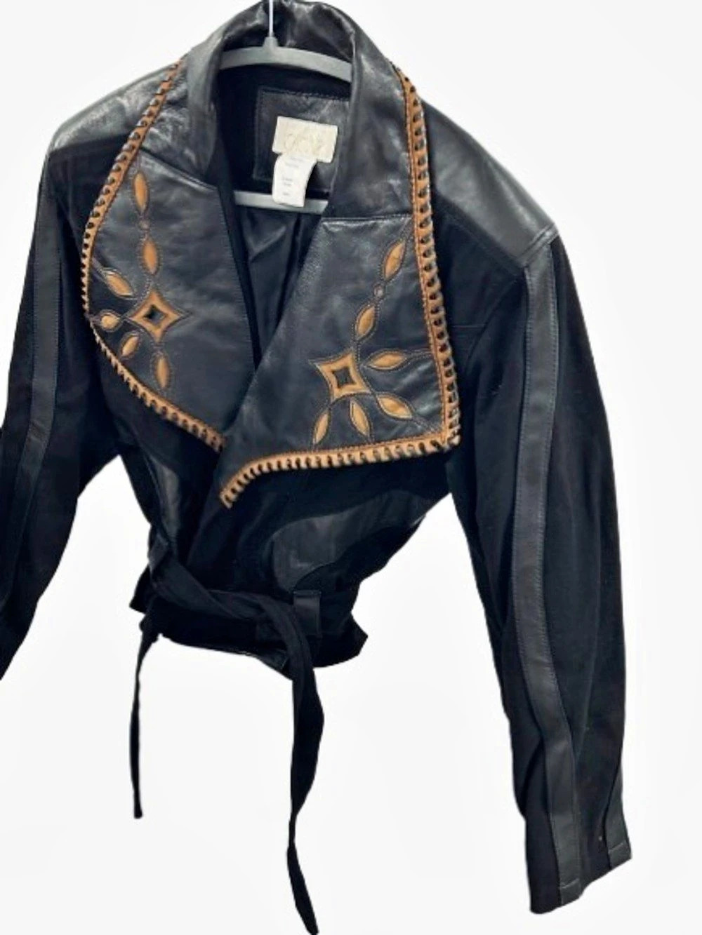Vintage CACHE Leather & Cotton Embroidered Leather Cotton Jacket Y2K 90’s Native - Picture 2 of 12